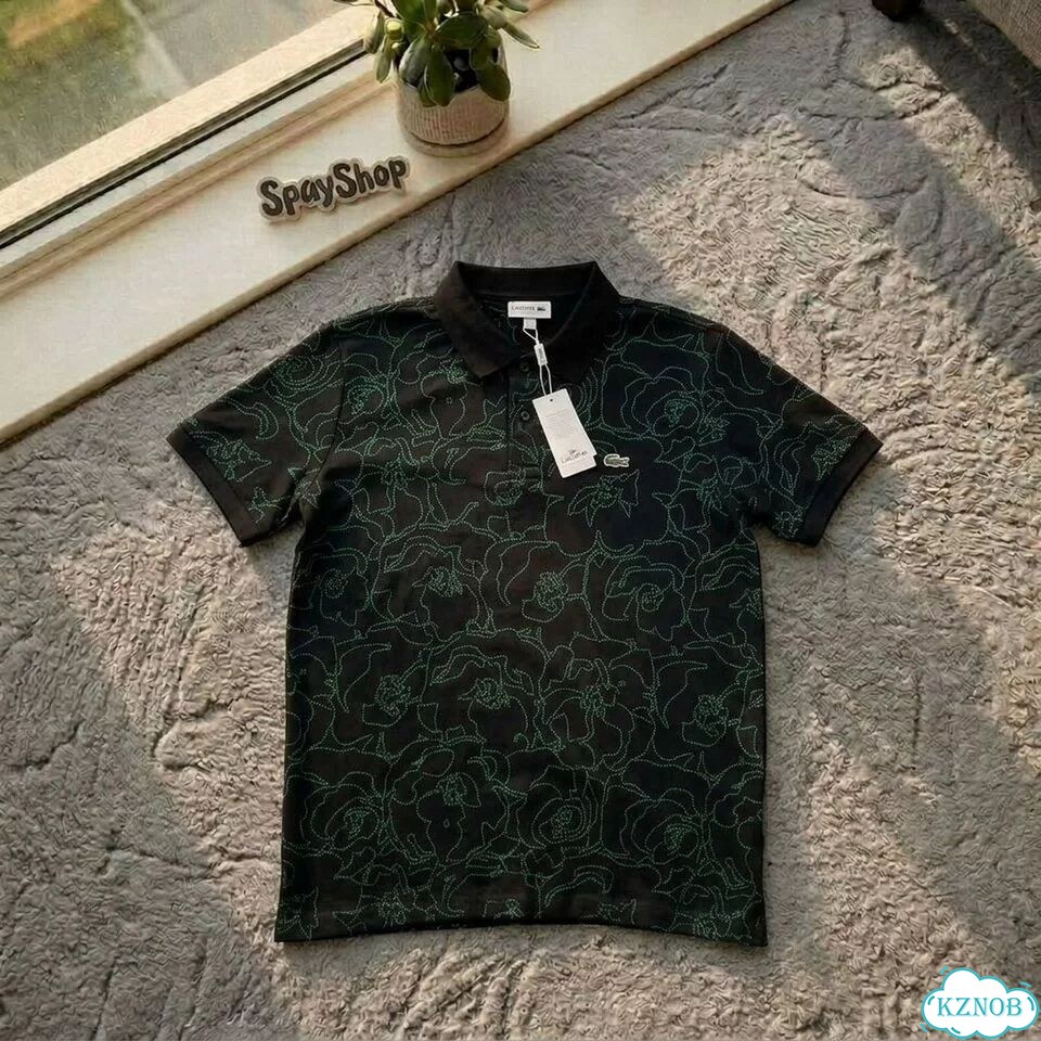 Поло футболка Lacoste черное цветы (S-2XL) фото 2