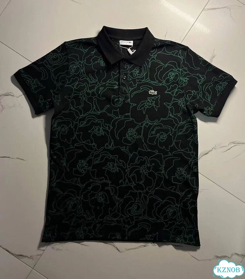 Поло футболка Lacoste черное цветы (S-2XL) фото 3