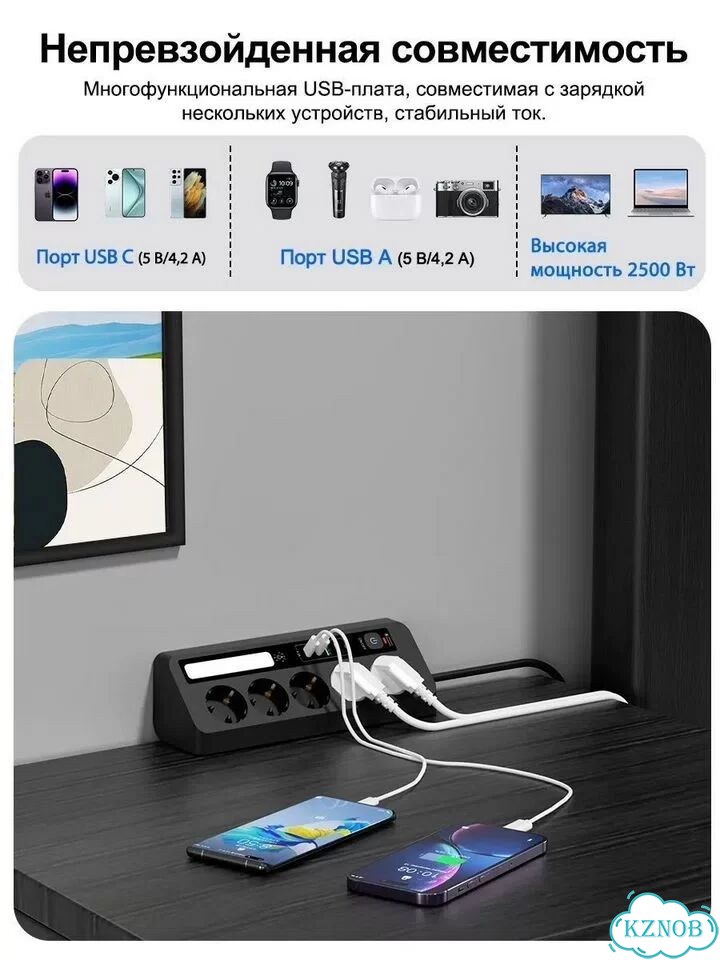 Сетевой фильтр 5 розеток + 2 USB + 2 type-C, 1.8м фото 4